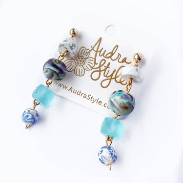 Blue Drop Beaded Earrings - Dangles